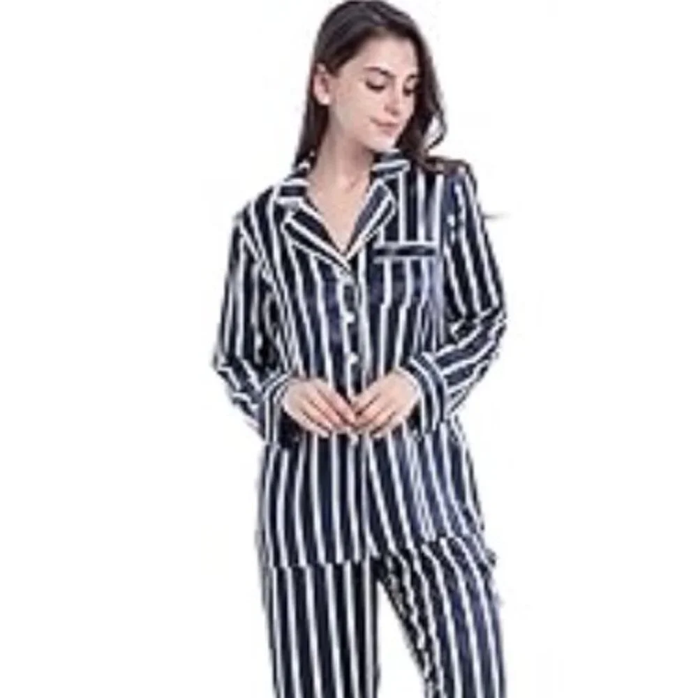 Serenedelicacy Women's Satin Pajama Set Long Sleeve Button Down Striped Silky - Picture 1 of 11